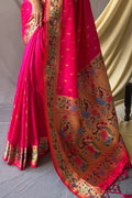 Hot Pink Paithani Saree With Blouse Piece pink paithani saree