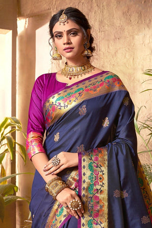 Steel Blue Woven Paithani Saree