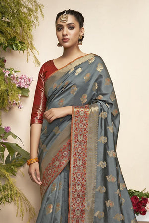 Steel Grey Flower Butta Paithani Saree