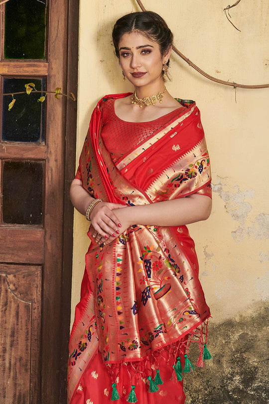 Vibrant Red Paithani Saree fancy saree