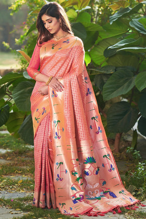 Coral Peach Paithani Saree