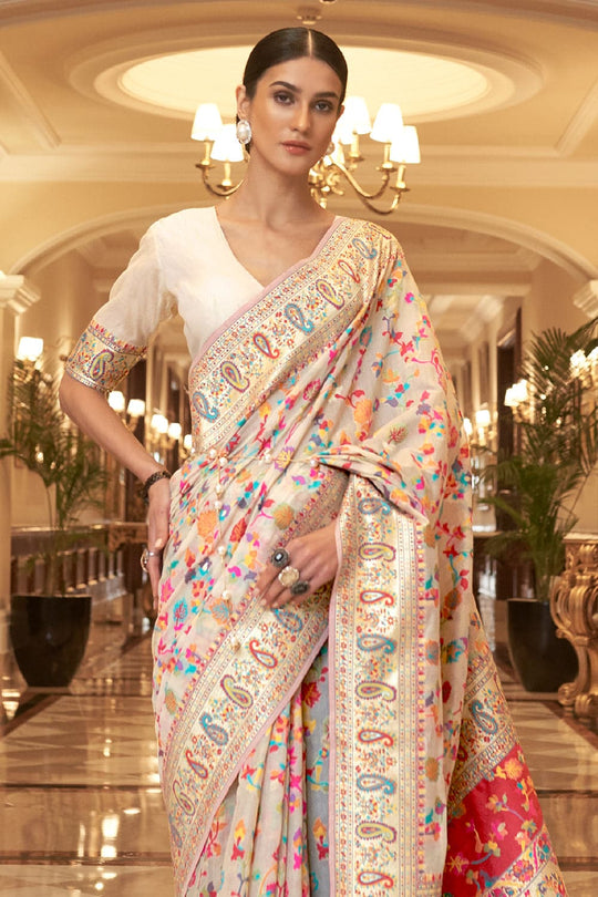 Pearlesecnt White Kashmiri Pashmina Saree silk saree