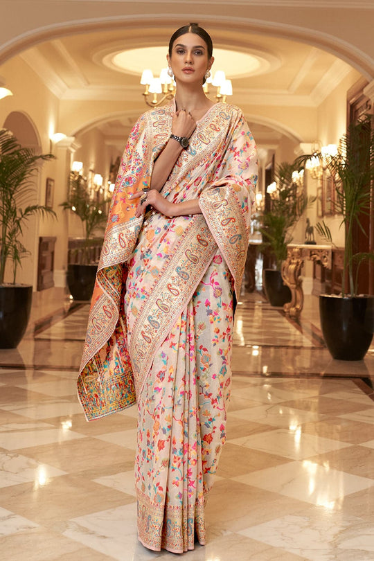 Pearlesecnt White Kashmiri Pashmina Saree white pashmina silk saree