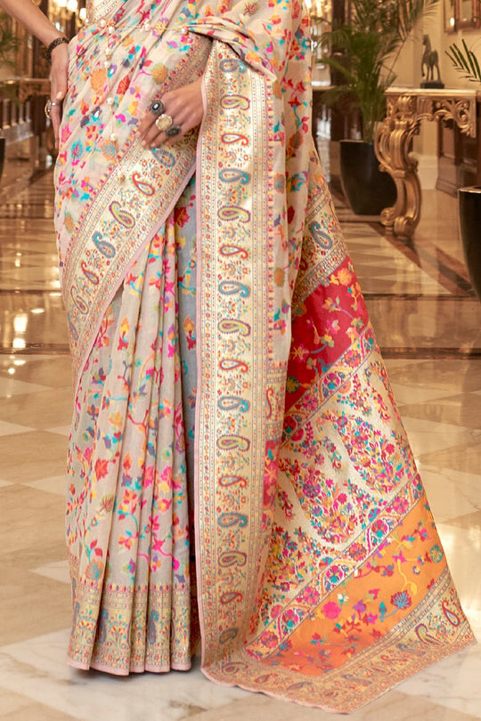 Pearlesecnt White Kashmiri Pashmina Saree designer saree