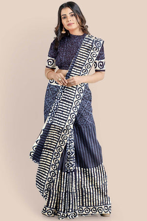 Backpack Blue Printed Indigo Pure Cotton Saree