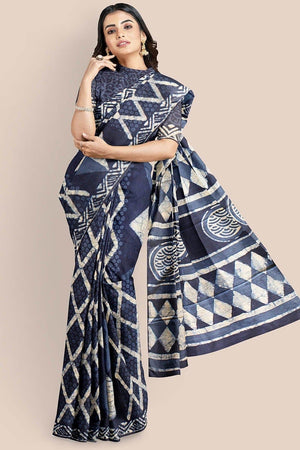 Navy Blue Printed Indigo Pure Cotton Saree