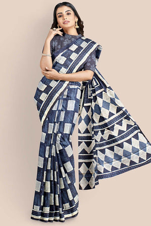 Ribbon Blue Printed Indigo Pure Cotton Saree