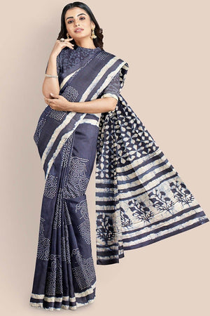 Sapphire Blue Printed Indigo Pure Cotton Saree