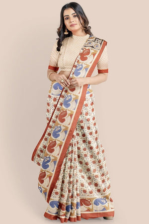 Woodmont Cream Printed Bagru Cotton Saree