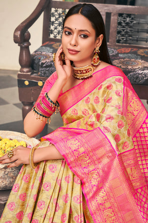 Beige And Pink Kanjivaram Saree