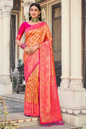 Orange And Pink Kanjivaram Saree