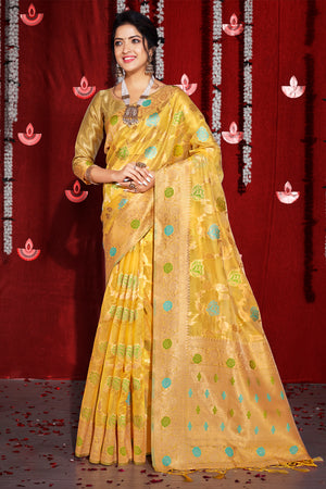 Lemon Yellow Organza Saree