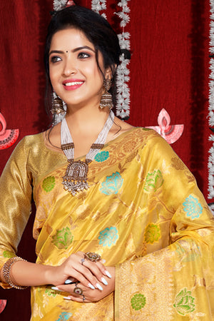 Lemon Yellow Organza Saree
