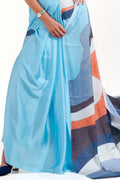Colorado Blue Satin Crep Saree satin
