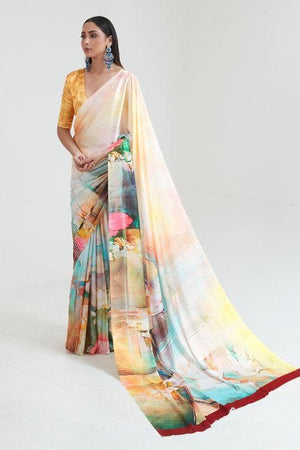 Crepe Yellow Satin Digital Print Saree