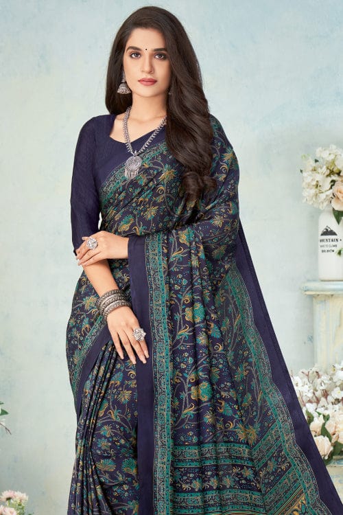 Azure Blue Satin Crepe Saree designer saree