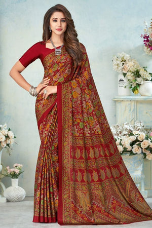 Mahogany Brown Satin Crepe Saree