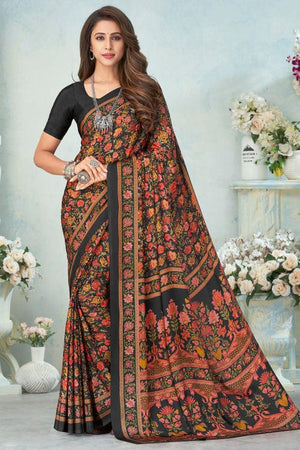 Raven Black Satin Crepe Saree