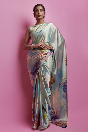 Silver Grey Satin Crepe Saree