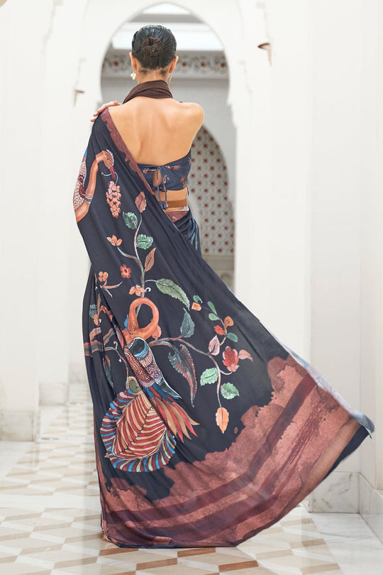 Jet Black Satin Saree With Blouse Piece silk saree