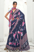 Dark Blue Satin Saree With Blouse Piece satin silk saree