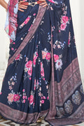 Dark Blue Satin Saree With Blouse Piece bollywood satin silk saree