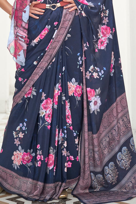 Dark Blue Satin Saree With Blouse Piece bollywood satin silk saree