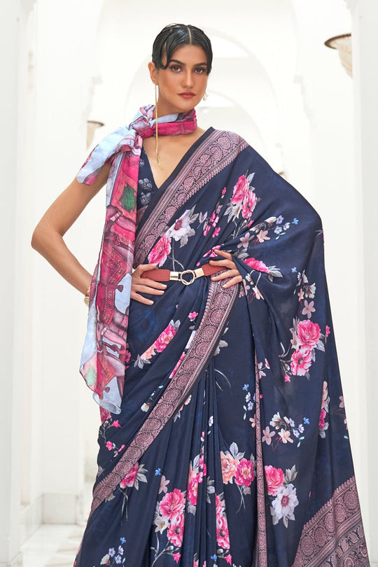Dark Blue Satin Saree With Blouse Piece silk saree