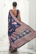Dark Blue Satin Saree With Blouse Piece satin silk saree online
