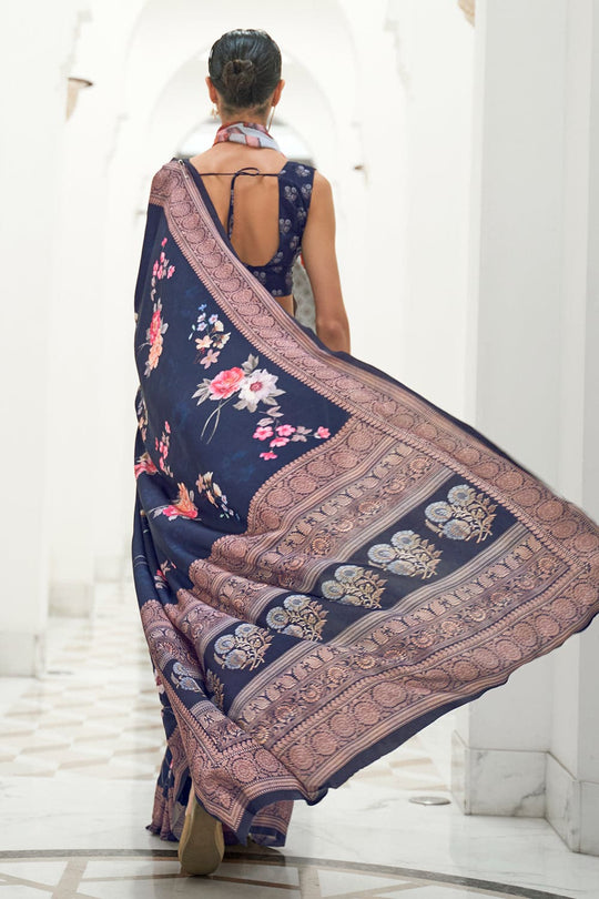 Dark Blue Satin Saree With Blouse Piece satin silk saree online
