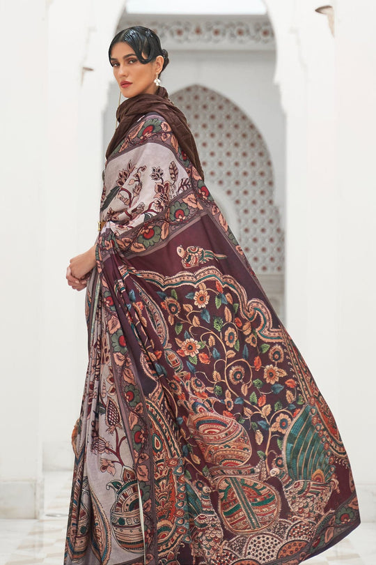 Grey Brown Satin Saree With Blouse Piece bollywood satin silk sarees