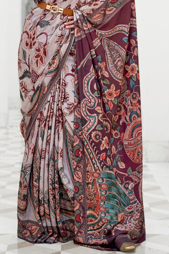 Grey Brown Satin Saree With Blouse Piece satin silk sarees online