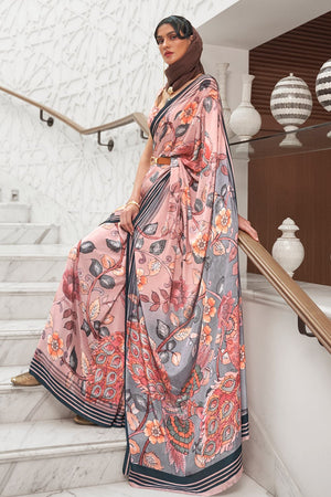 Light Peach Satin Saree With Blouse Piece