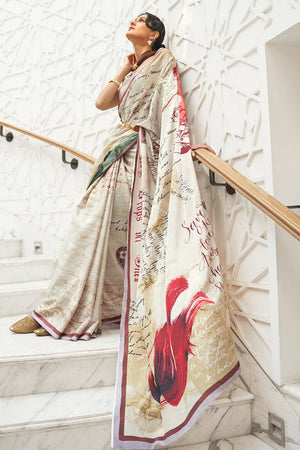 Pearlescent White Satin Saree