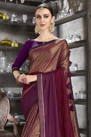 Beautiful Claret Red Designer Satin Silk Saree