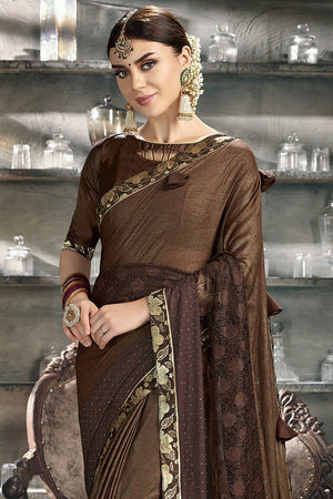 Beautiful Walnut Brown Designer Satin Silk Saree