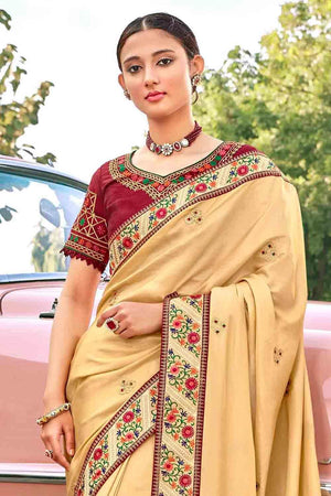 Bisque Cream Embroidered Satin Silk Saree