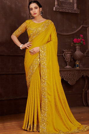 Canary Yellow Satin Silk Saree