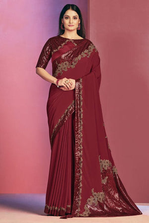 Cherry Red Satin Silk Saree