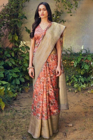 Coral Orange Satin Silk Saree