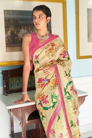 Corn Yellow Satin Silk Saree