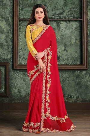 Crimson Red Satin Silk Saree