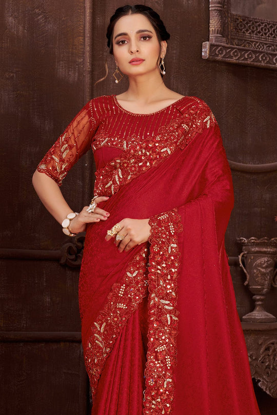 Crimson Red Satin Silk Saree fancy saree