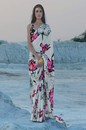 Daisy White Satin Print Saree