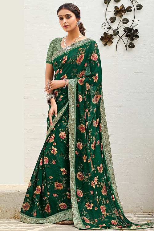 Soft silk saree - Forest Green X Hot Pink main image 1
