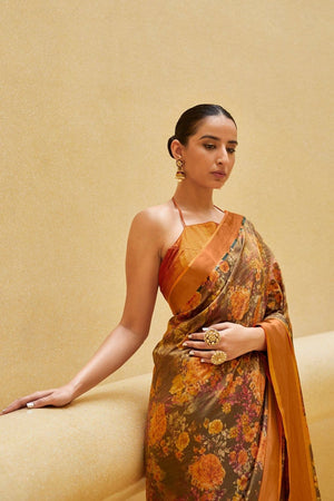 Gorgeous Coffe Brown Floral Satin Silk Saree