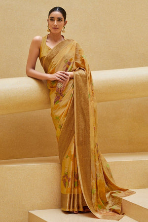 Satin Silk Saree Gorgeous Flaxen Yellow Floral Satin Silk Saree saree online
