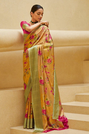 Satin Silk Saree Gorgeous Pastel Gold Yellow Floral Satin Silk Saree saree online