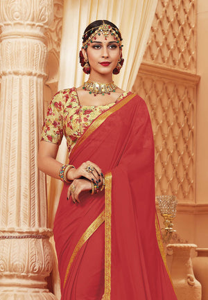 Ketchup Red Satin Silk Saree