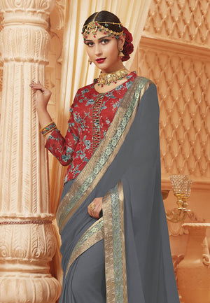 Lava Grey Satin Silk Saree